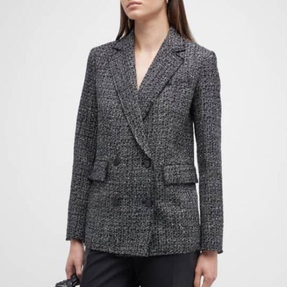 Theory Piazza Noelle Black Tweed Double Breasted Blazer Lined Fringe Edge - Picture 1 of 14